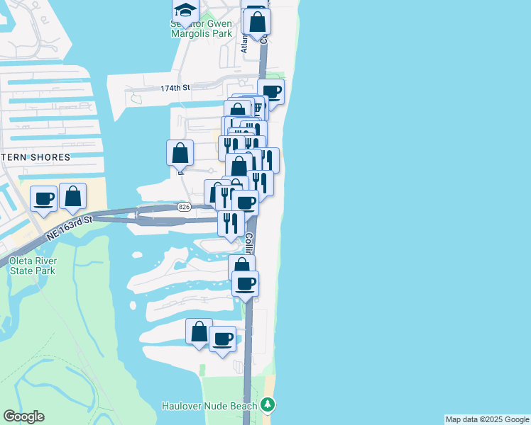 map of restaurants, bars, coffee shops, grocery stores, and more near 16699 Collins Avenue in Sunny Isles Beach