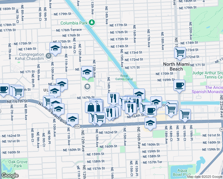 map of restaurants, bars, coffee shops, grocery stores, and more near 16801 Northeast 14th Avenue in Miami