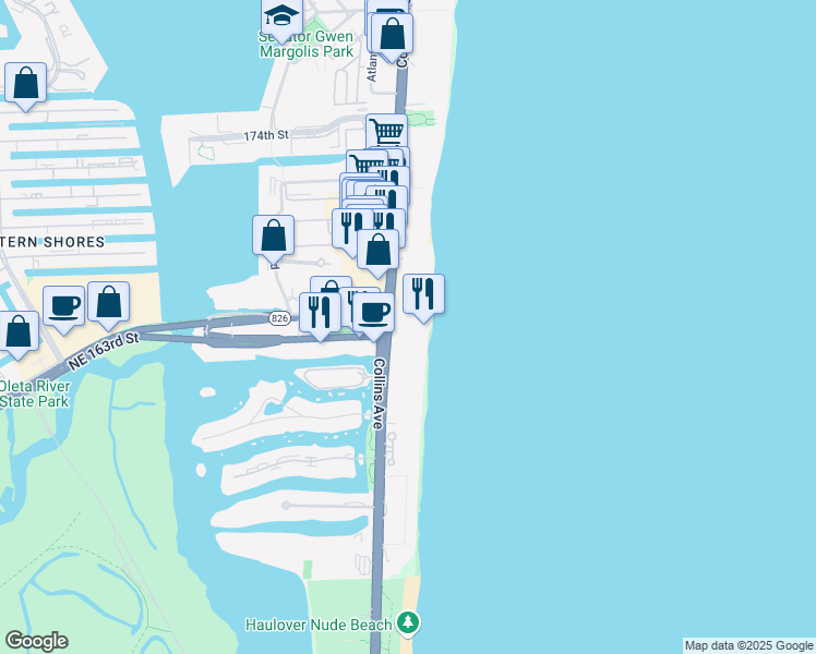 map of restaurants, bars, coffee shops, grocery stores, and more near 16699 Collins Avenue in Sunny Isles Beach
