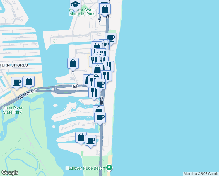 map of restaurants, bars, coffee shops, grocery stores, and more near 16699 Collins Avenue in Sunny Isles Beach