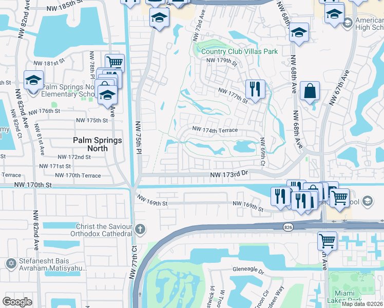 map of restaurants, bars, coffee shops, grocery stores, and more near 7355 Northwest 173rd Drive in Hialeah
