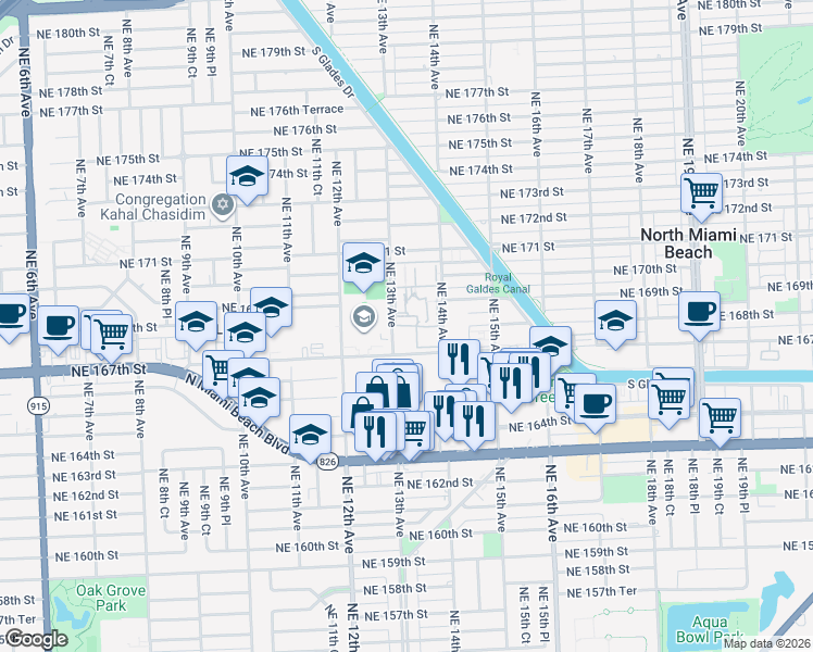 map of restaurants, bars, coffee shops, grocery stores, and more near in North Miami Beach
