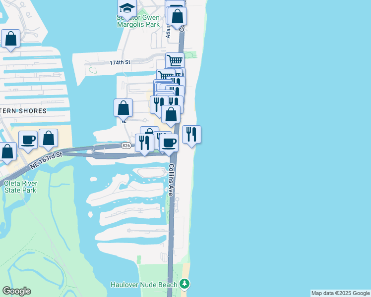 map of restaurants, bars, coffee shops, grocery stores, and more near 16699 Collins Avenue in Hollywood