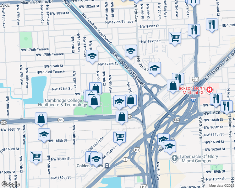 map of restaurants, bars, coffee shops, grocery stores, and more near 830 Northwest 170th Terrace in Miami