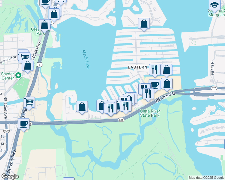 map of restaurants, bars, coffee shops, grocery stores, and more near 16496 Northeast 32nd Avenue in North Miami Beach