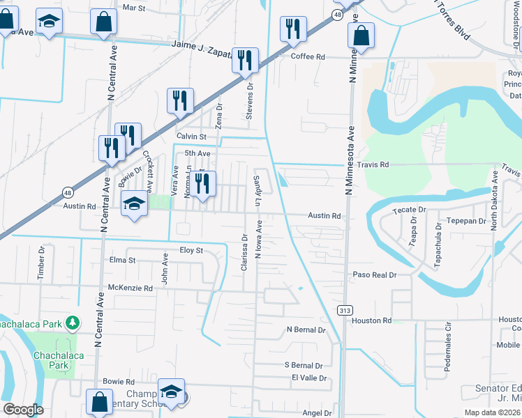 map of restaurants, bars, coffee shops, grocery stores, and more near 1104 Sandy Lane in Brownsville