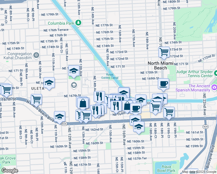 map of restaurants, bars, coffee shops, grocery stores, and more near 16800 Northeast 15th Avenue in North Miami Beach