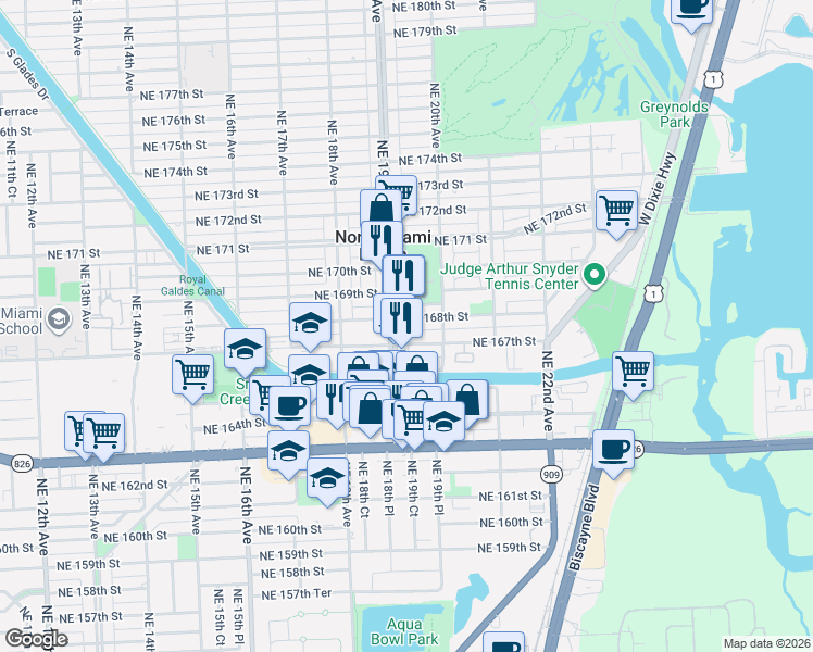map of restaurants, bars, coffee shops, grocery stores, and more near 1920 Northeast 168th Street in North Miami Beach