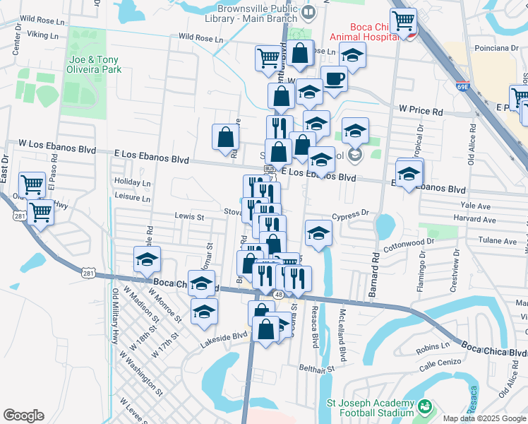 map of restaurants, bars, coffee shops, grocery stores, and more near 1800 Central Boulevard in Brownsville