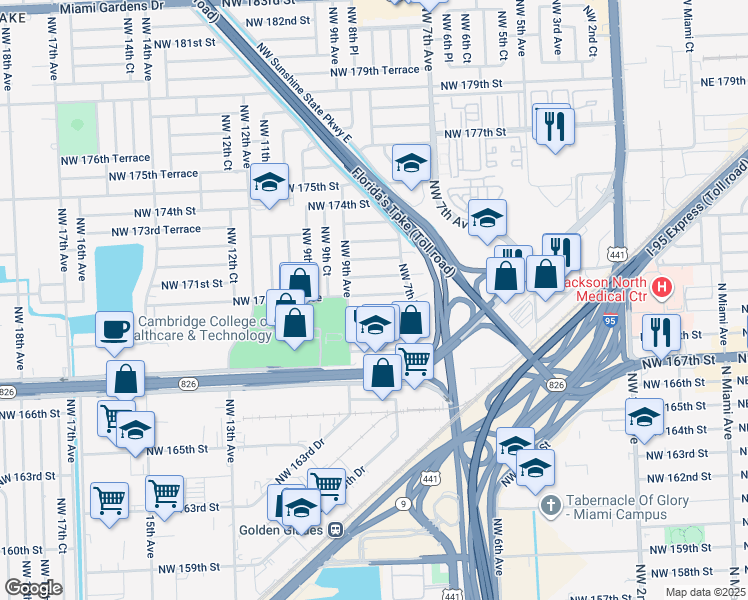 map of restaurants, bars, coffee shops, grocery stores, and more near 830 Northwest 170th Terrace in Miami