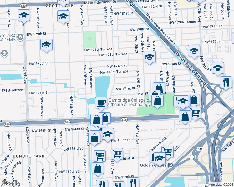 map of restaurants, bars, coffee shops, grocery stores, and more near 1380 Northwest 171st Street in Miami