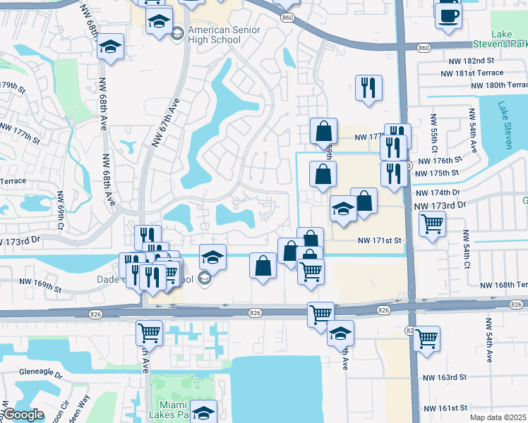 map of restaurants, bars, coffee shops, grocery stores, and more near 6240 Northwest 173rd Street in Hialeah