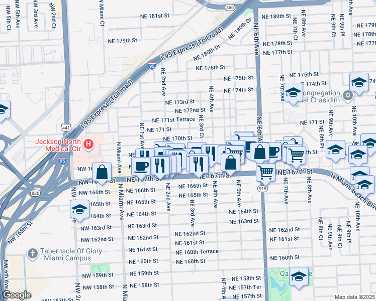 map of restaurants, bars, coffee shops, grocery stores, and more near 290 Northeast 169th Street in North Miami Beach