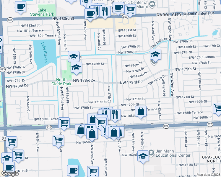 map of restaurants, bars, coffee shops, grocery stores, and more near 17240 Northwest 47th Court in Miami Gardens