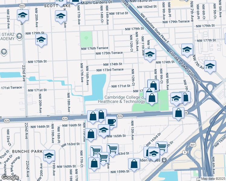 map of restaurants, bars, coffee shops, grocery stores, and more near 1380 Northwest 171st Street in Miami