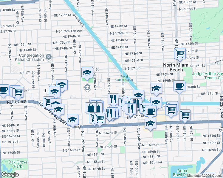 map of restaurants, bars, coffee shops, grocery stores, and more near 16801 Northeast 14th Avenue in Miami