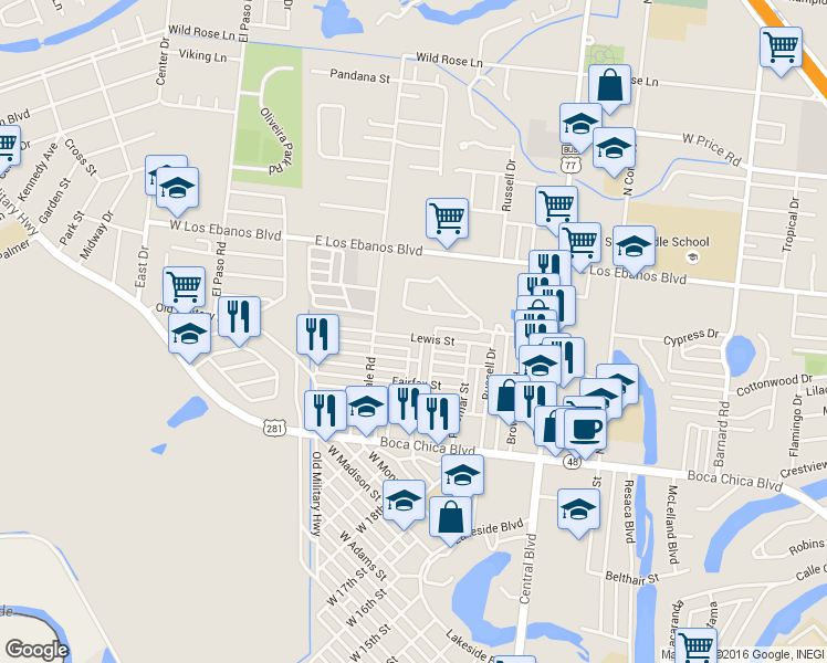 map of restaurants, bars, coffee shops, grocery stores, and more near 265 Lewis Street in Brownsville