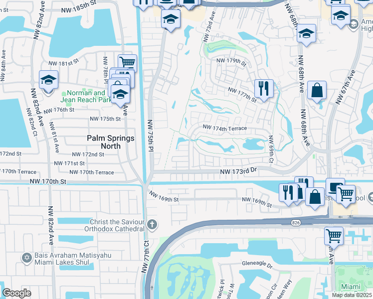 map of restaurants, bars, coffee shops, grocery stores, and more near 102 Northwest 174th Terrace in Hialeah