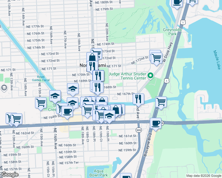 map of restaurants, bars, coffee shops, grocery stores, and more near 16791 Northeast 20th Avenue in North Miami Beach