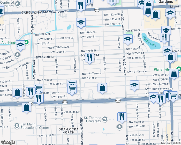 map of restaurants, bars, coffee shops, grocery stores, and more near 3471 Northwest 171 Terrace in Miami Gardens