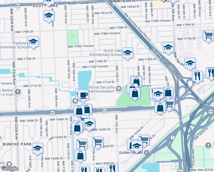 map of restaurants, bars, coffee shops, grocery stores, and more near 1311 Northwest 170th Terrace in Miami