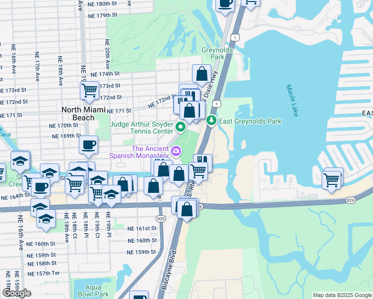 map of restaurants, bars, coffee shops, grocery stores, and more near 16851 West Dixie Highway in North Miami Beach