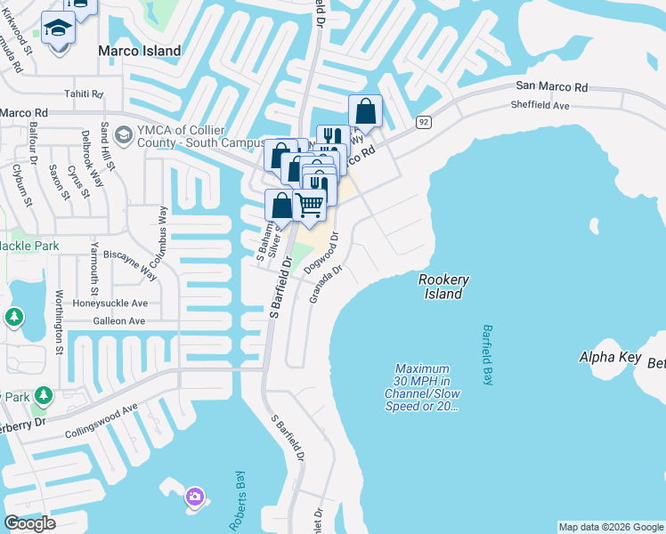 map of restaurants, bars, coffee shops, grocery stores, and more near 1850 Granada Drive in Marco Island