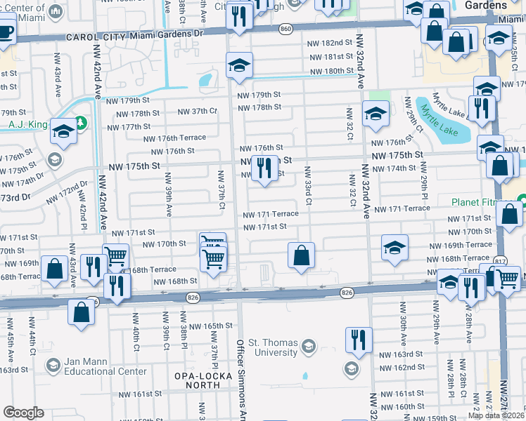 map of restaurants, bars, coffee shops, grocery stores, and more near 3471 Northwest 171 Terrace in Miami Gardens
