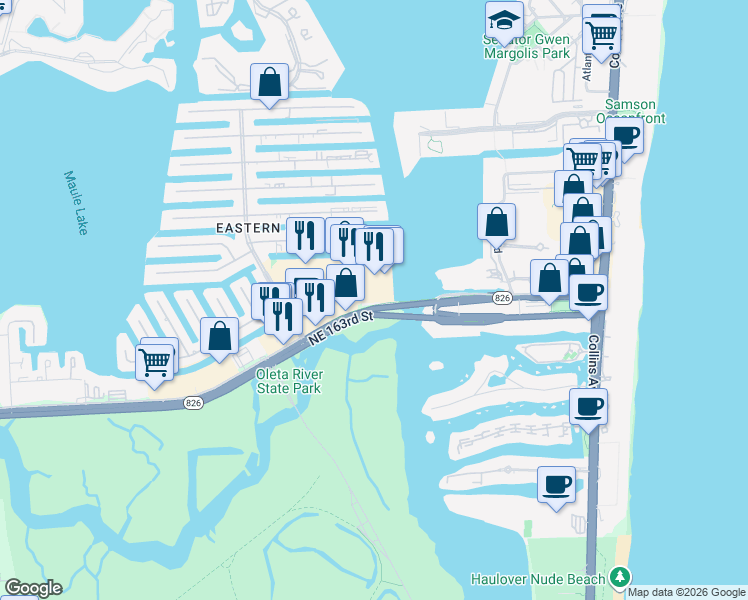 map of restaurants, bars, coffee shops, grocery stores, and more near 4001 Northeast 163rd Street in North Miami Beach