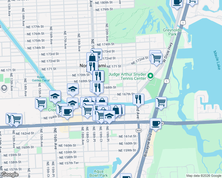 map of restaurants, bars, coffee shops, grocery stores, and more near 16791 Northeast 20th Avenue in North Miami Beach