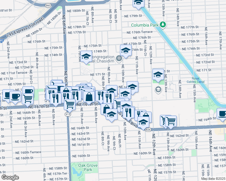 map of restaurants, bars, coffee shops, grocery stores, and more near 861 Northeast 168th Street in North Miami Beach