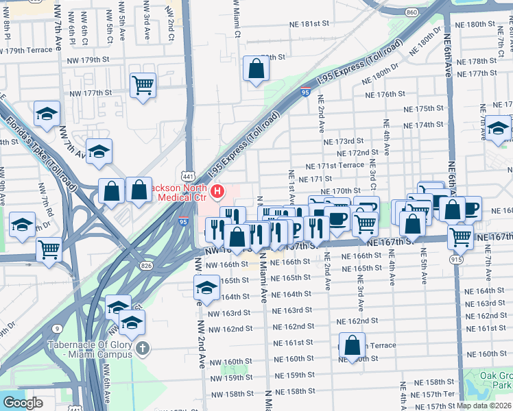 map of restaurants, bars, coffee shops, grocery stores, and more near 16982 North Miami Avenue in North Miami Beach