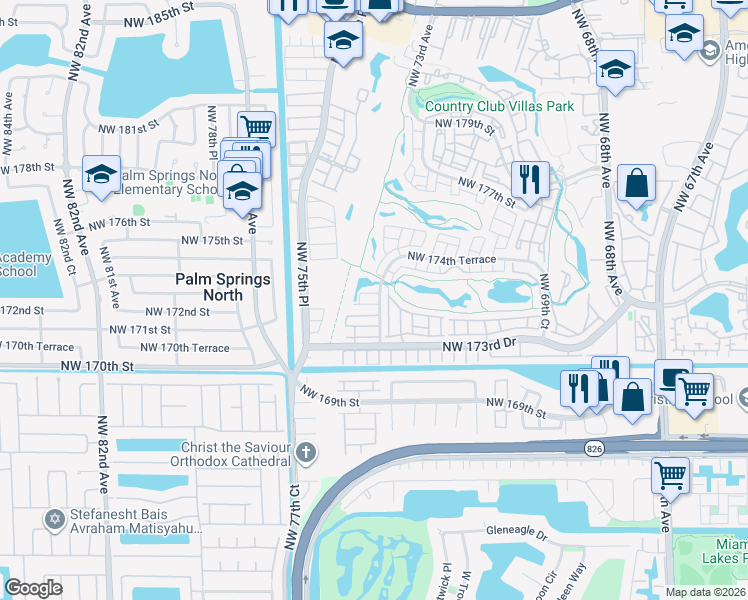 map of restaurants, bars, coffee shops, grocery stores, and more near 102 Northwest 174th Terrace in Hialeah