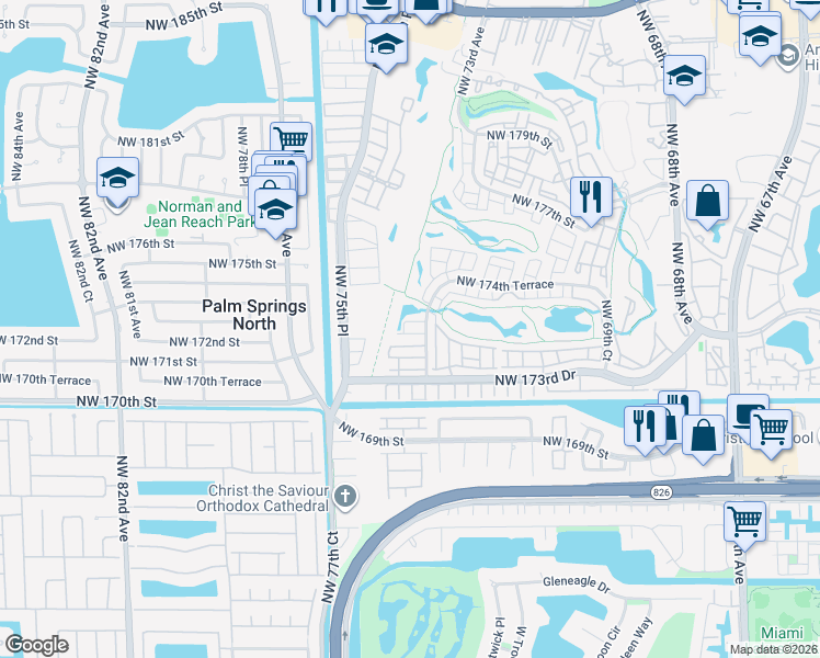 map of restaurants, bars, coffee shops, grocery stores, and more near 102 Northwest 174th Terrace in Hialeah