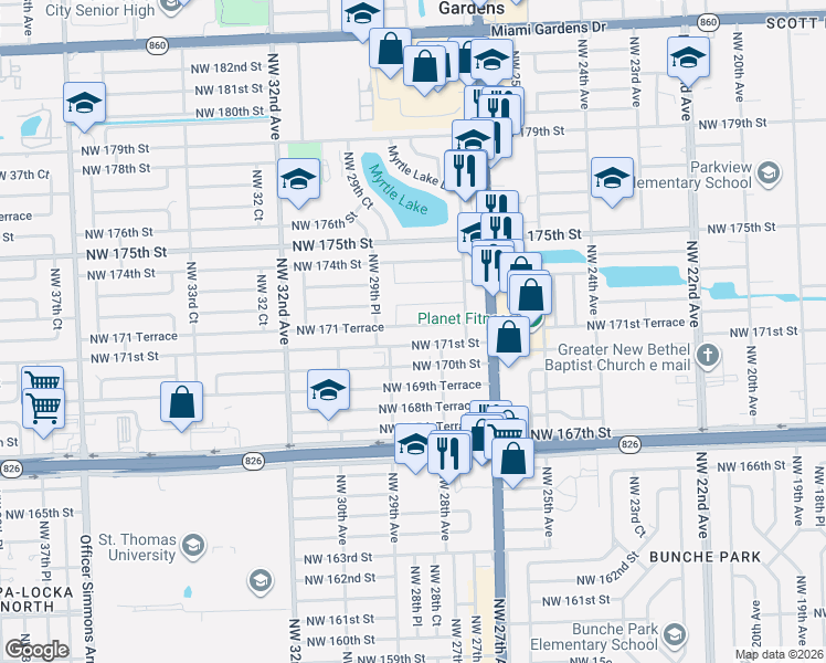 map of restaurants, bars, coffee shops, grocery stores, and more near 2900 Northwest 171 Terrace in Miami Gardens