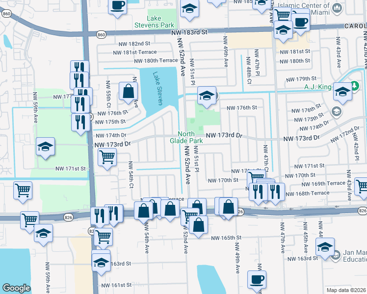 map of restaurants, bars, coffee shops, grocery stores, and more near 17301 Northwest 52nd Place in Miami Gardens