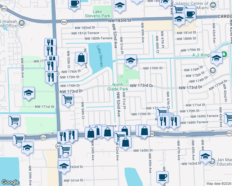 map of restaurants, bars, coffee shops, grocery stores, and more near 17301 Northwest 52nd Place in Miami Gardens