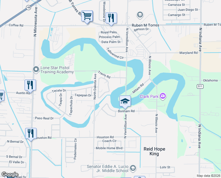 map of restaurants, bars, coffee shops, grocery stores, and more near 6532 Vista Jardin Circle in Brownsville
