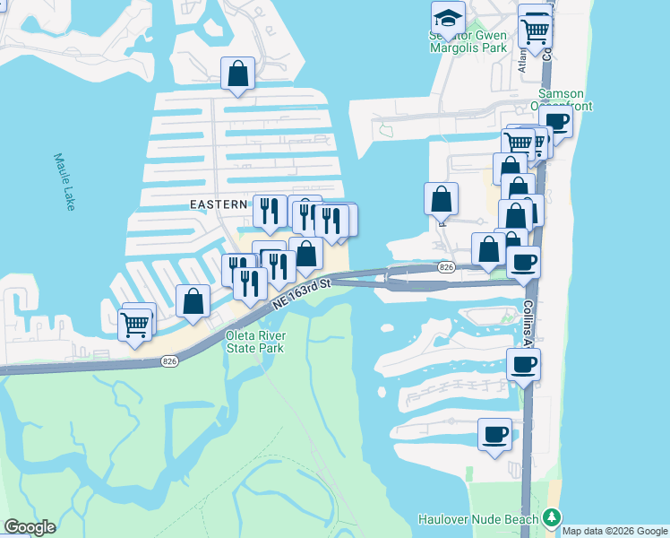 map of restaurants, bars, coffee shops, grocery stores, and more near 4001 Northeast 163rd Street in North Miami Beach