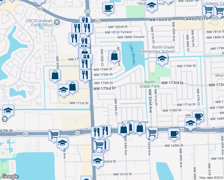map of restaurants, bars, coffee shops, grocery stores, and more near 5440 Northwest 173rd Drive in Miami Gardens