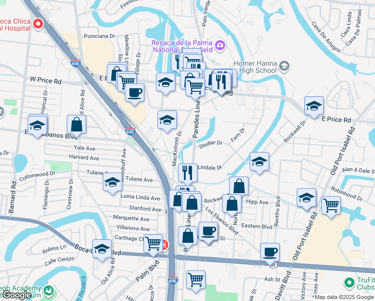 map of restaurants, bars, coffee shops, grocery stores, and more near 535 Paredes Line Road in Brownsville
