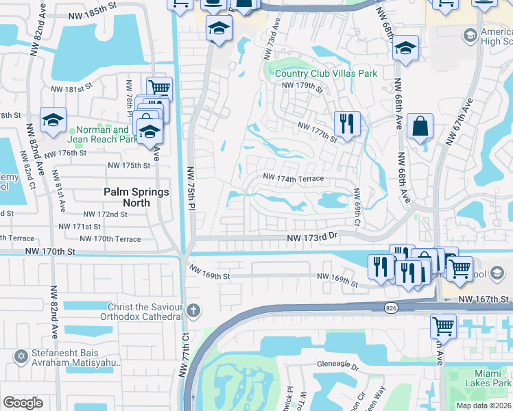 map of restaurants, bars, coffee shops, grocery stores, and more near 7355 Northwest 173rd Drive in Hialeah