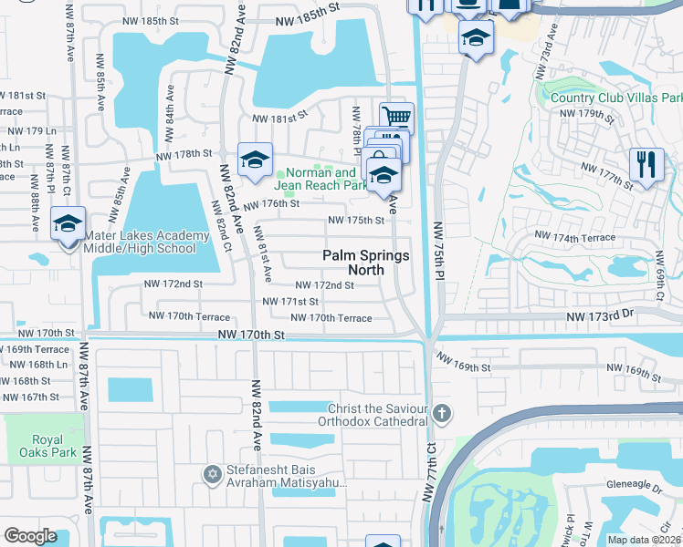 map of restaurants, bars, coffee shops, grocery stores, and more near 7884 Northwest 173rd Street in Hialeah