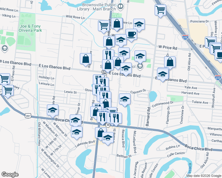 map of restaurants, bars, coffee shops, grocery stores, and more near 1915 North Coria Street in Brownsville