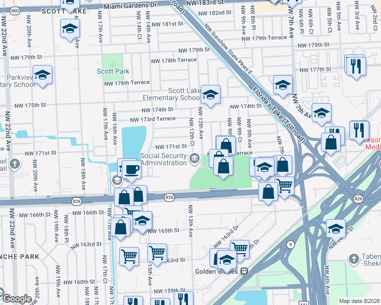 map of restaurants, bars, coffee shops, grocery stores, and more near 1241 Northwest 170th Terrace in Miami