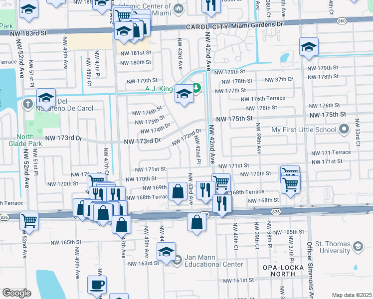 map of restaurants, bars, coffee shops, grocery stores, and more near 17210 Northwest 43rd Avenue in Miami Gardens