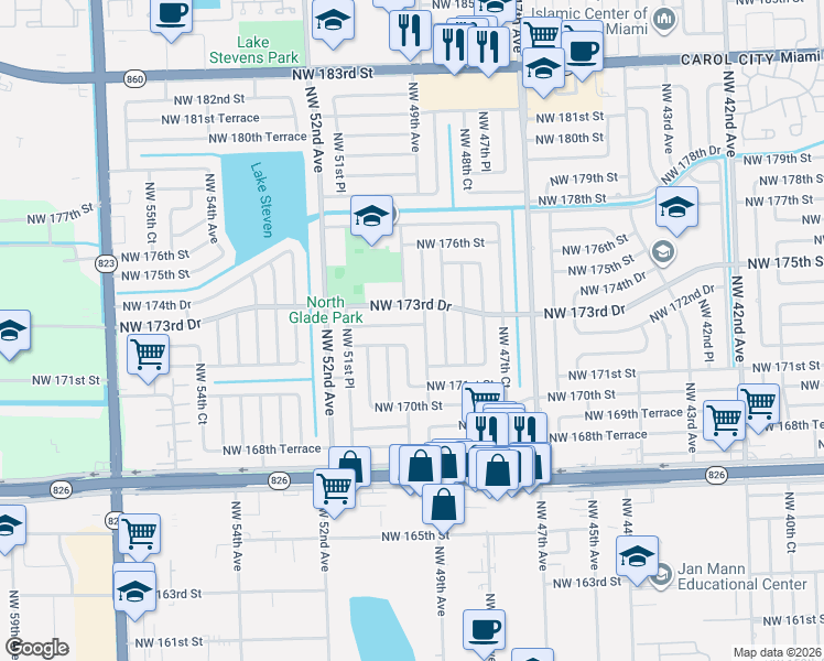 map of restaurants, bars, coffee shops, grocery stores, and more near 4910 Northwest 173rd Street in Miami Gardens