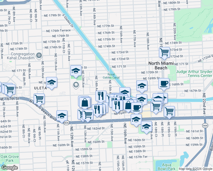 map of restaurants, bars, coffee shops, grocery stores, and more near 16800 Northeast 15th Avenue in North Miami Beach