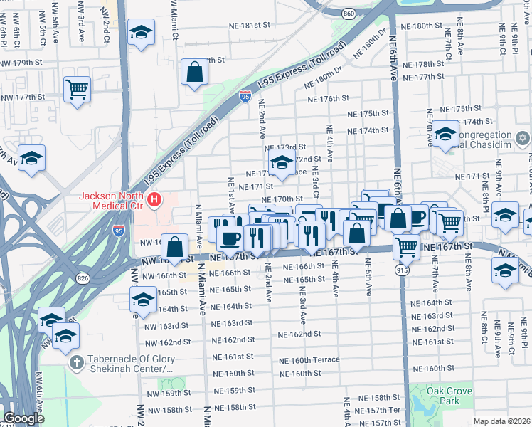 map of restaurants, bars, coffee shops, grocery stores, and more near 211 Northeast 169th Street in North Miami Beach