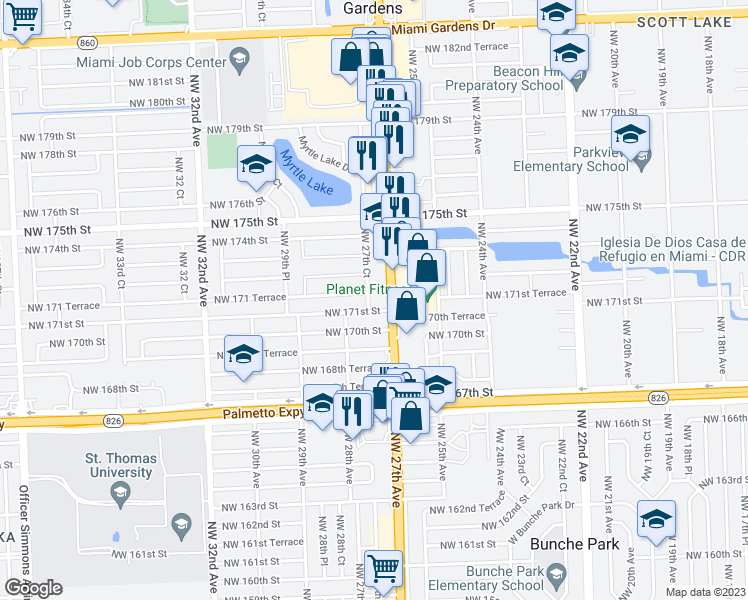 map of restaurants, bars, coffee shops, grocery stores, and more near 17121 Northwest 27th Court in Miami Gardens